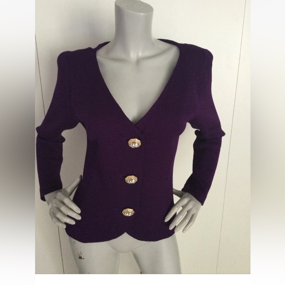 St.John Evening Purple Knit Jacket Gold Phinestone Embellished Button Size 6